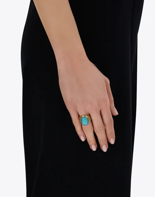 Anice “Muse” signet ring in engraved gold, amazonite and rock crystal (large)
